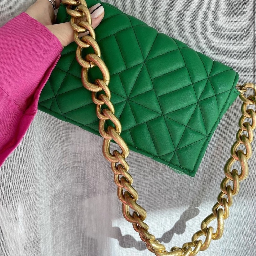 Zara Green Quilted Chunky Chain Strap Shoulder Flap Bag
